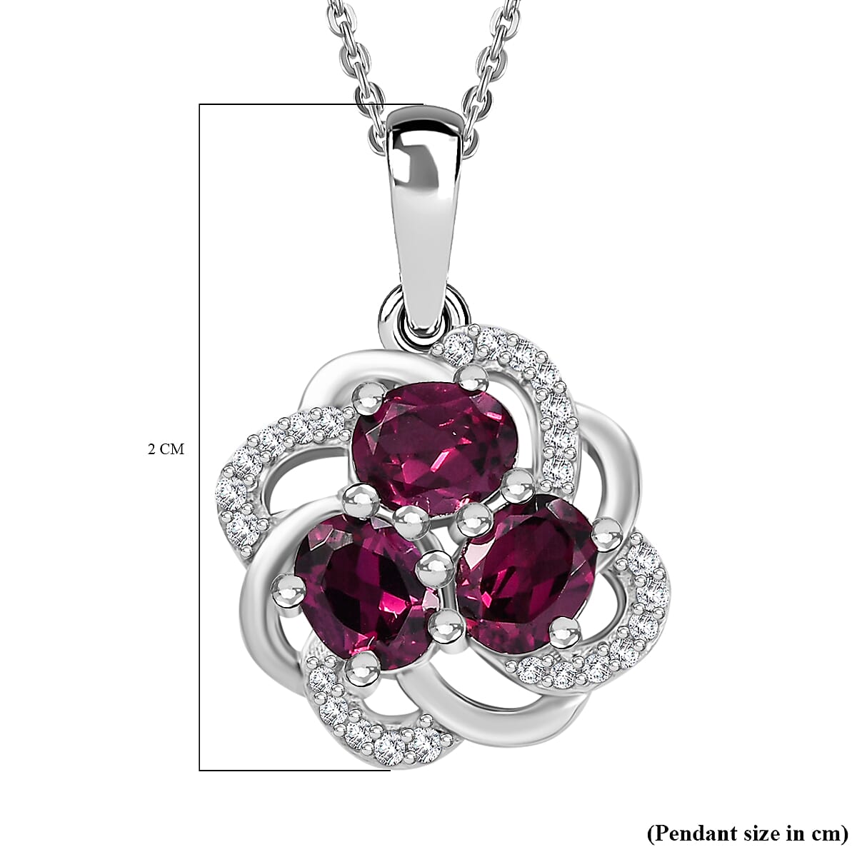 Orissa Natural Rhodolite Garnet &amp; White Zircon Pendant with Chain (Size - 20) in Rhodium Overlay Sterling Silver 1.88 Ct. 4339199 5