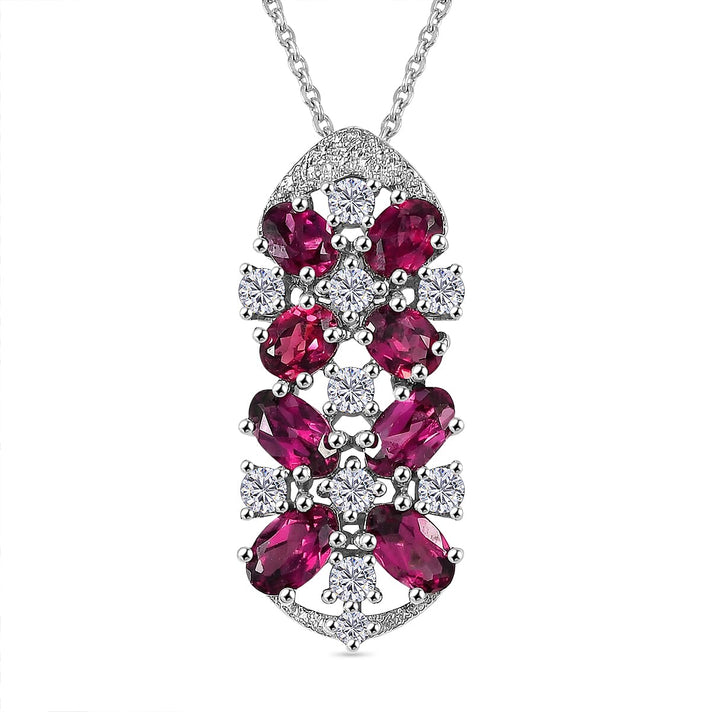 D'Joy Orissa Natural Rhodolite Garnet &amp; White Zircon Floral Cluster Pendant with Chain (Size 20) in Platinum Overlay Sterling Silver 2.53 Ct. 4446473 1