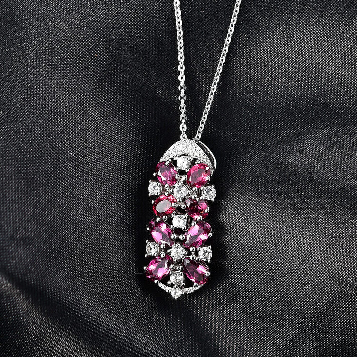 D'Joy Orissa Natural Rhodolite Garnet &amp; White Zircon Floral Cluster Pendant with Chain (Size 20) in Platinum Overlay Sterling Silver 2.53 Ct. 4446473 2