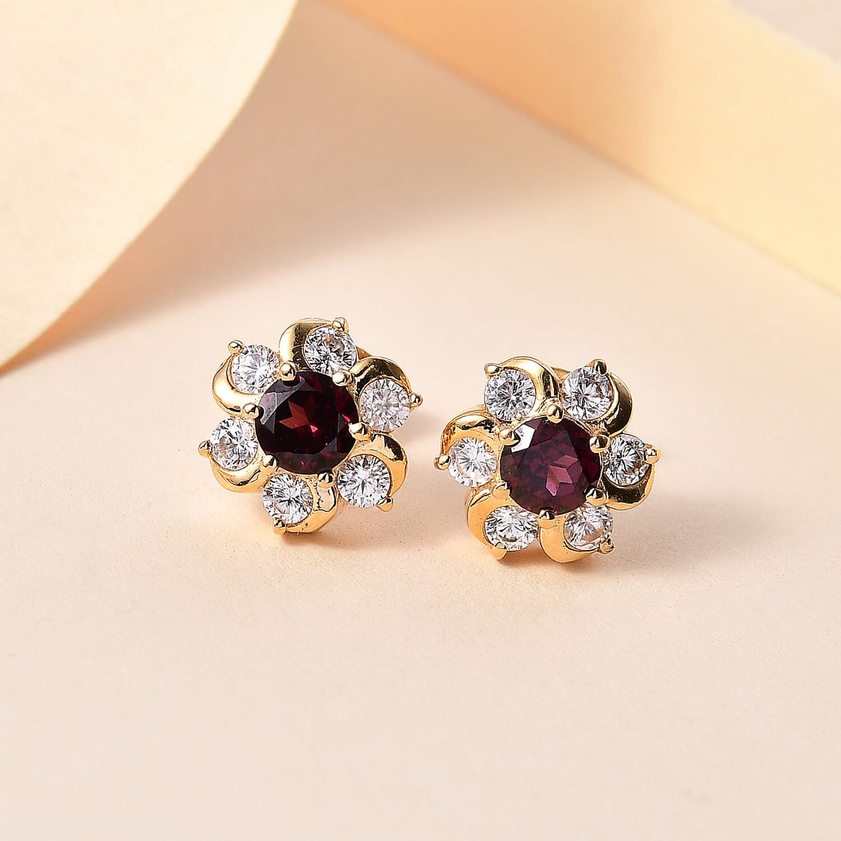 Orissa Natural Rhodolite Garnet &amp; White Zircon Earring with Push Back in 18K Vermeil Yellow Gold Plated Sterling Silver 1.82 Ct. 8035081 1