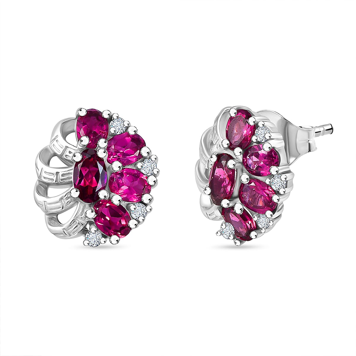 Rhodolite Garnet &amp; White Zircon Solitaire Stud Push Post Earring in Rhodium Overlay Sterling Silver 2.34 Ct. 8042806 0