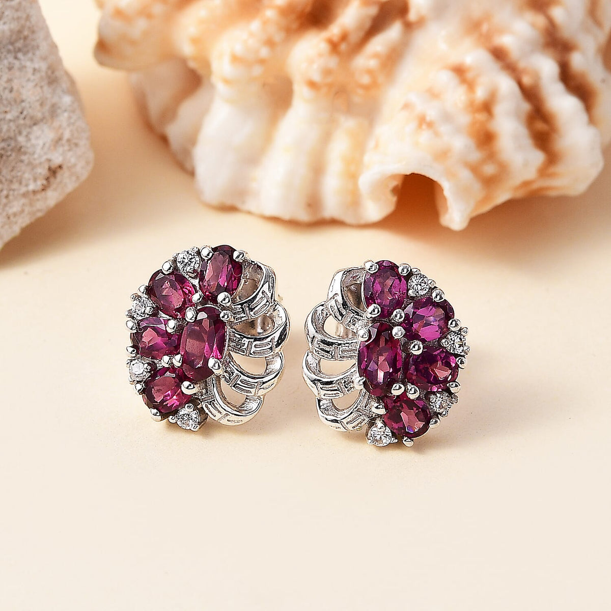 Rhodolite Garnet &amp; White Zircon Solitaire Stud Push Post Earring in Rhodium Overlay Sterling Silver 2.34 Ct. 8042806 2