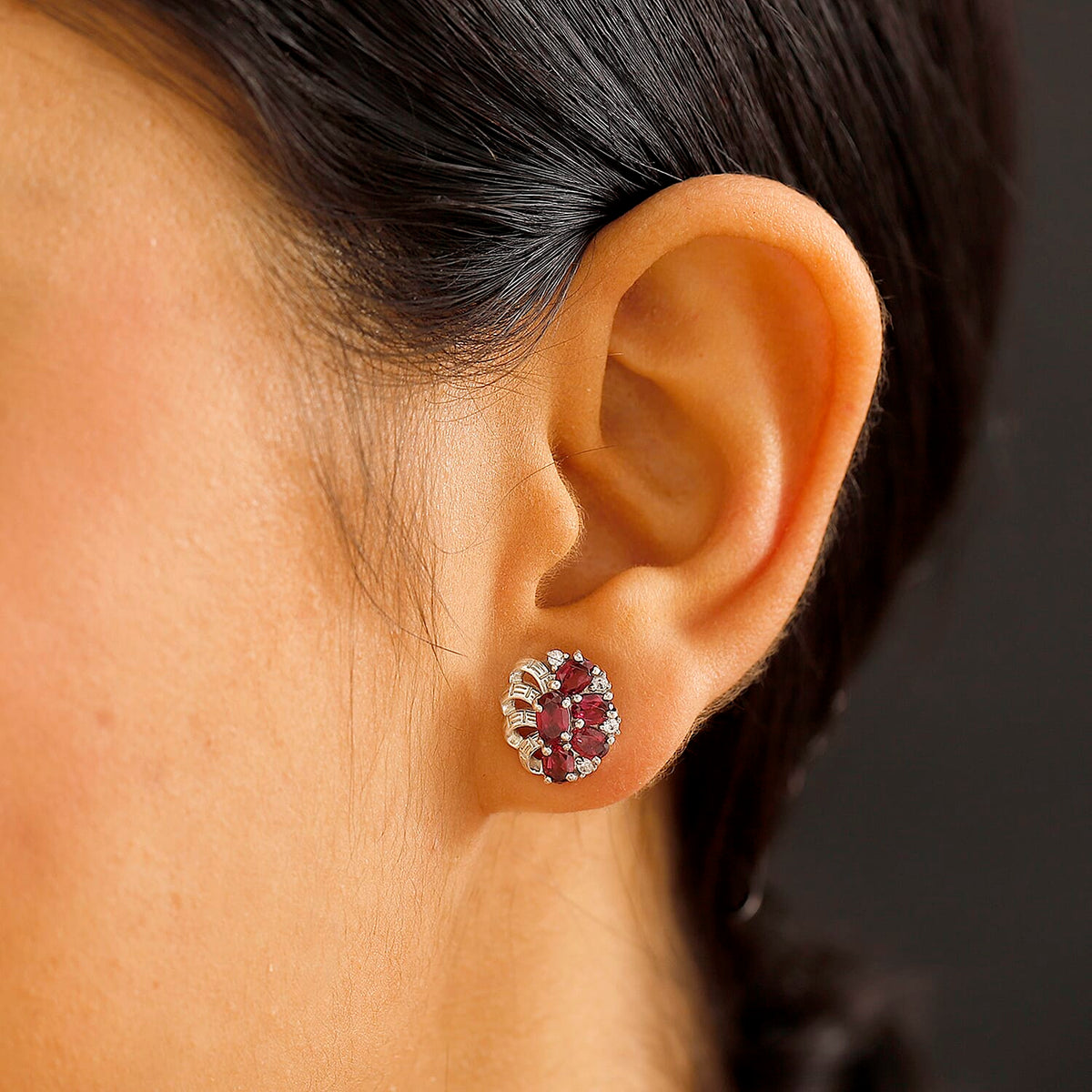 Rhodolite Garnet &amp; White Zircon Solitaire Stud Push Post Earring in Rhodium Overlay Sterling Silver 2.34 Ct. 8042806 3