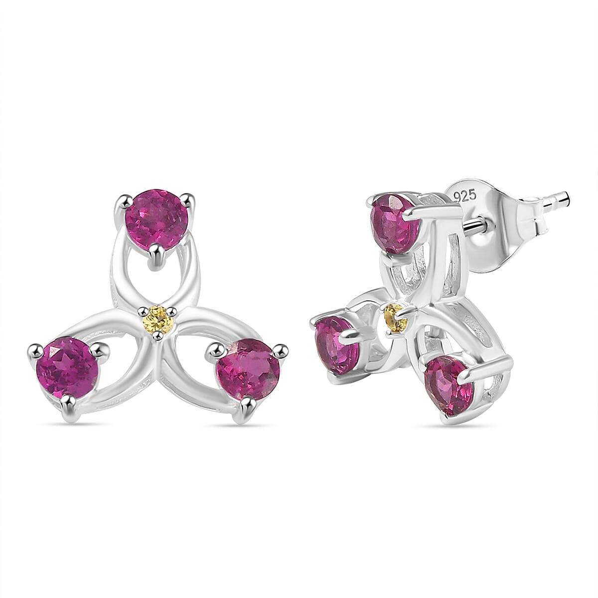 Rhodolite Garnet &amp; Yellow Sapphire Solitaire Stud Push Back Earring in Rhodium Overlay Sterling Silver 8101891 0
