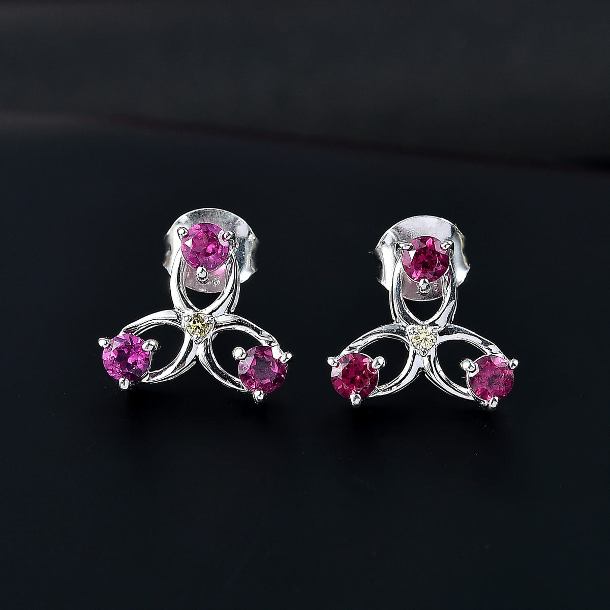 Rhodolite Garnet &amp; Yellow Sapphire Solitaire Stud Push Back Earring in Rhodium Overlay Sterling Silver 8101891 2