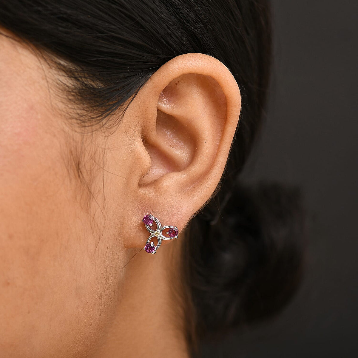 Rhodolite Garnet &amp; Yellow Sapphire Solitaire Stud Push Back Earring in Rhodium Overlay Sterling Silver 8101891 3