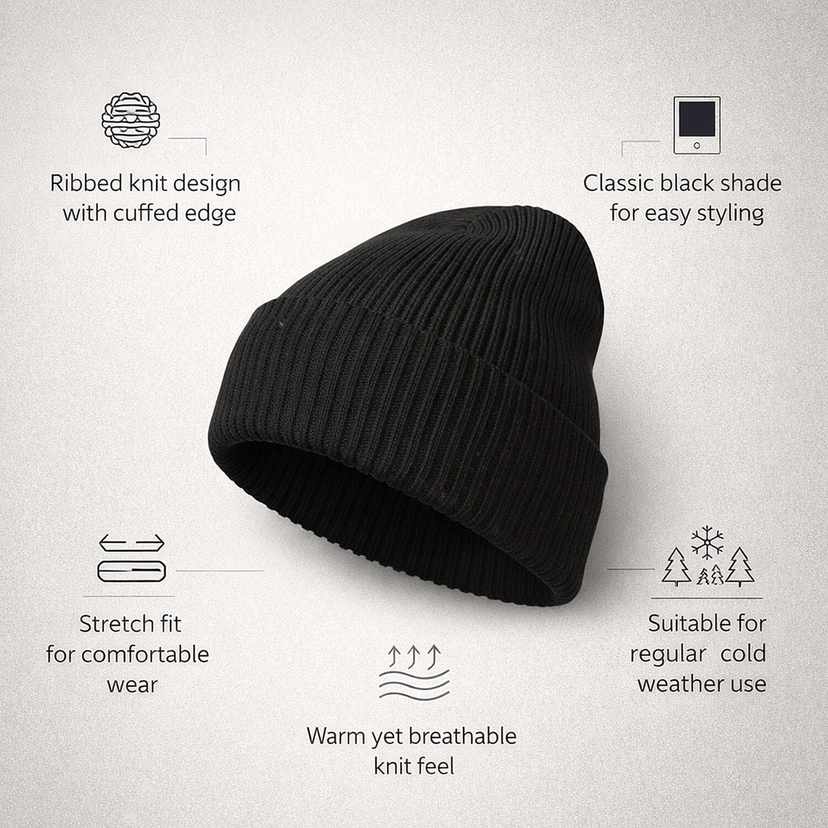 Ribbed Cuff Winter Beanie Hat (One Size) - Black 8447803 4
