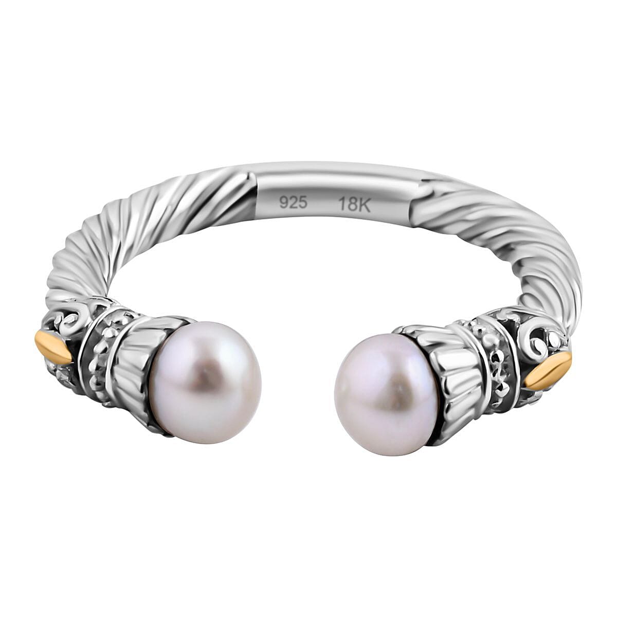 Royal Bali Collection - 18K Yellow Gold &amp; Sterling Silver White Pearl Twisted Cuff Ring 7671226 0