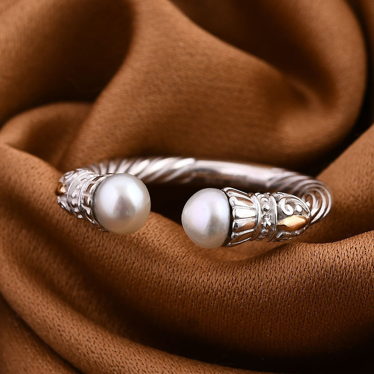 Royal Bali Collection - 18K Yellow Gold &amp; Sterling Silver White Pearl Twisted Cuff Ring 7671226 1