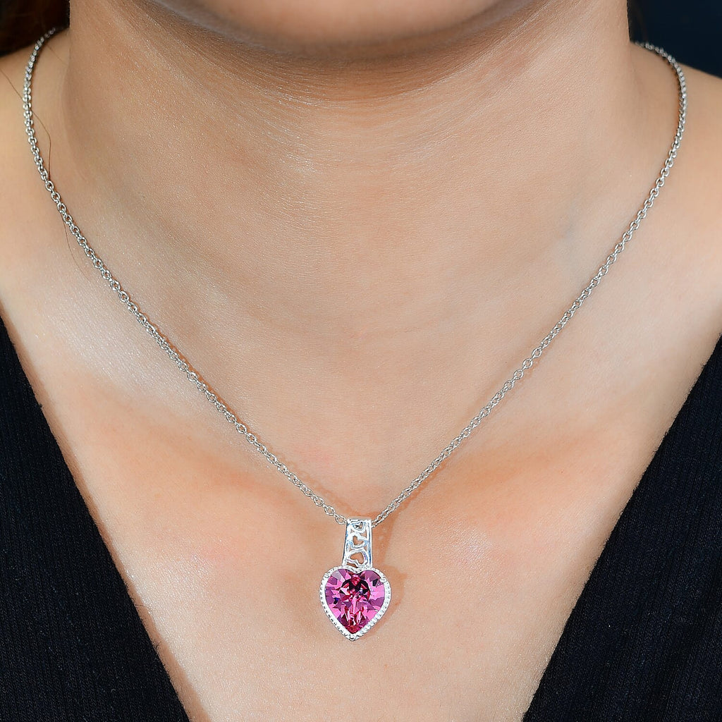 Rose Austrian Crystal Sterling Silver Heart Pendant with Stainless Steel Chain (Size 20)