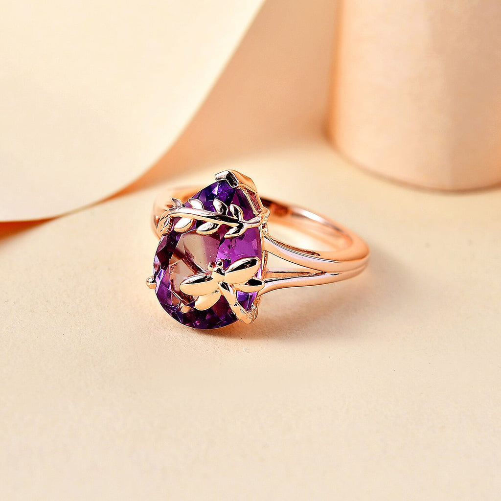 Rose De France Amethyst ,  Blue Sapphire  Solitaire Ring in 18K RG Vermeil Sterling Silver 5.03 ct,  Silver Wt. 5 Gms  4.956  Ct.