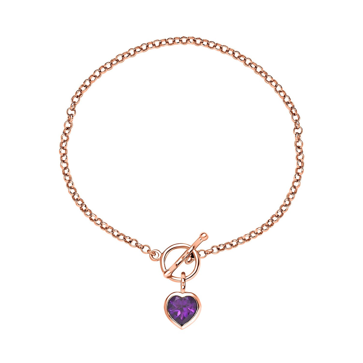 Monster Deal - Rose De France Amethyst Heart Charm Bracelet (Size - 7.5) in 14K Rose Gold Overlay Sterling Silver 1.67 Ct. 7547983 0
