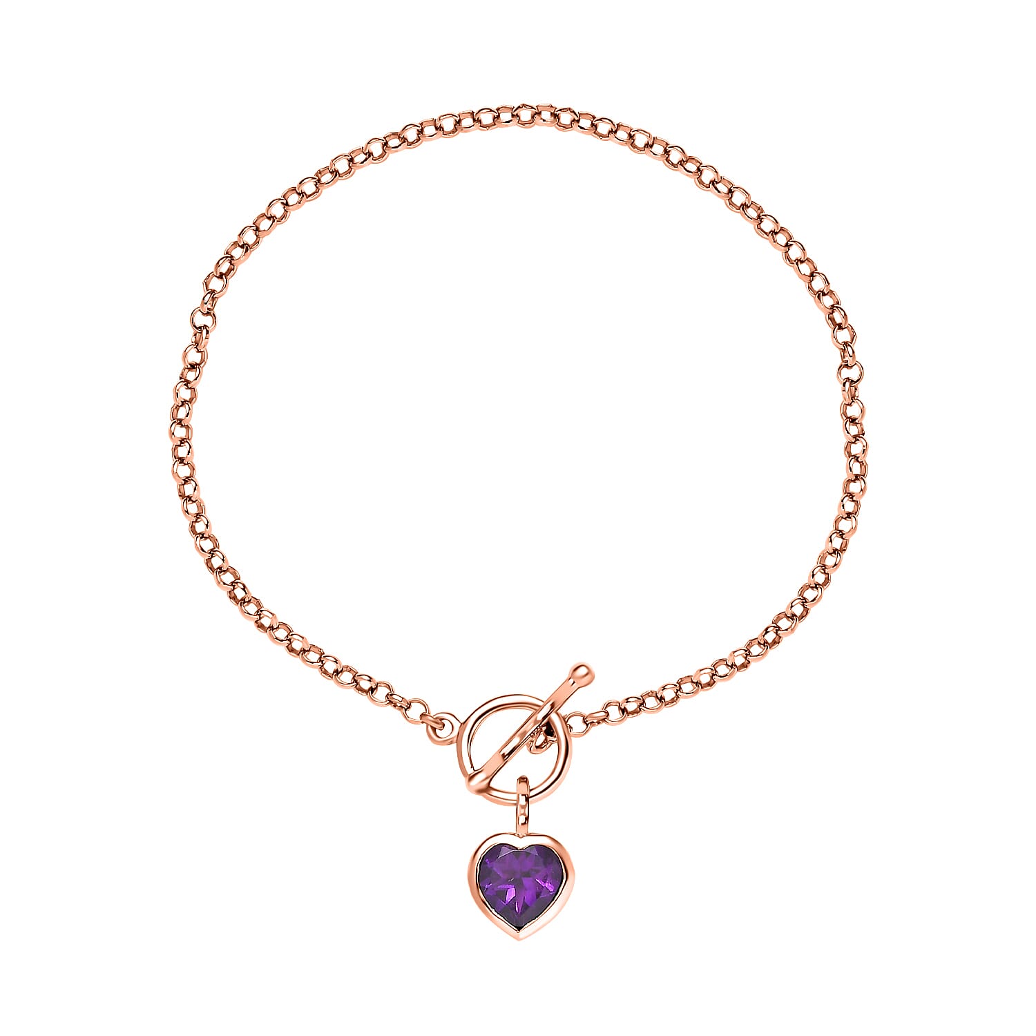 Monster Deal - Rose De France Amethyst Heart Charm Bracelet (Size - 7.5) in 14K Rose Gold Overlay Sterling Silver 1.67 Ct. 7547983 0