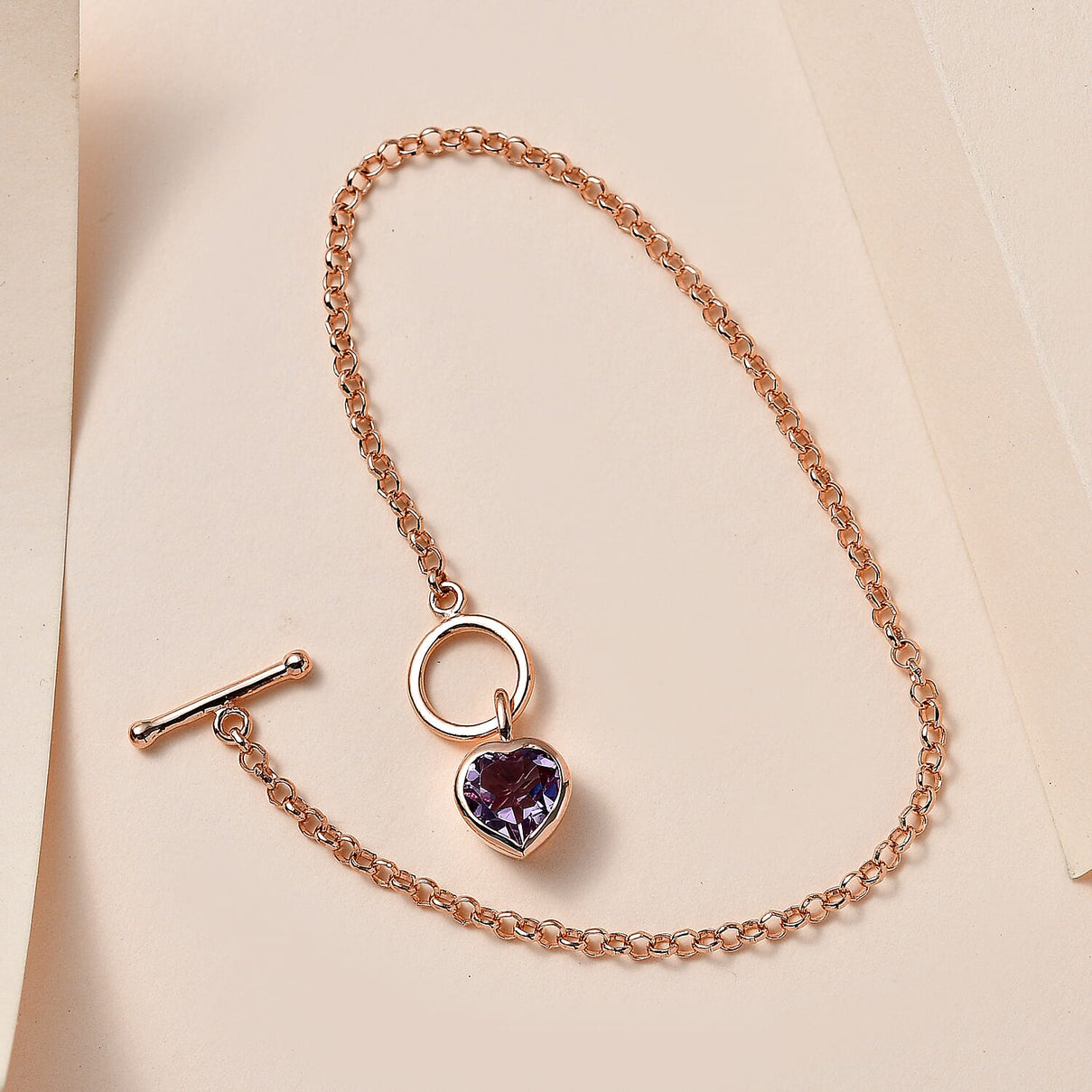 Monster Deal - Rose De France Amethyst Heart Charm Bracelet (Size - 7.5) in 14K Rose Gold Overlay Sterling Silver 1.67 Ct. 7547983 2