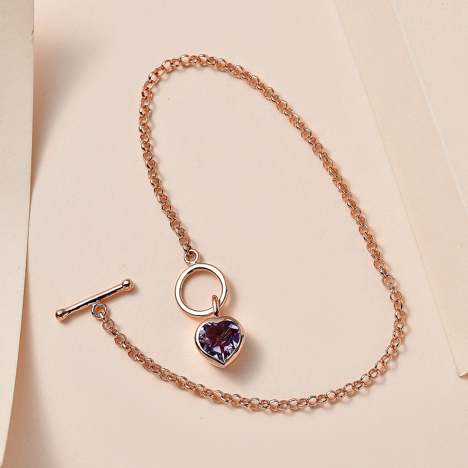 Monster Deal - Rose De France Amethyst Heart Charm Bracelet (Size - 7.5) in 14K Rose Gold Overlay Sterling Silver 1.67 Ct. 7547983 2