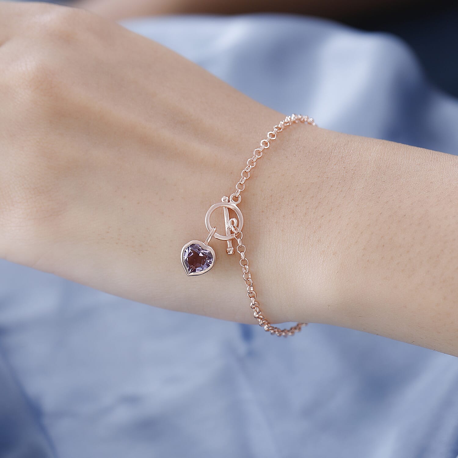 Monster Deal - Rose De France Amethyst Heart Charm Bracelet (Size - 7.5) in 14K Rose Gold Overlay Sterling Silver 1.67 Ct. 7547983 3
