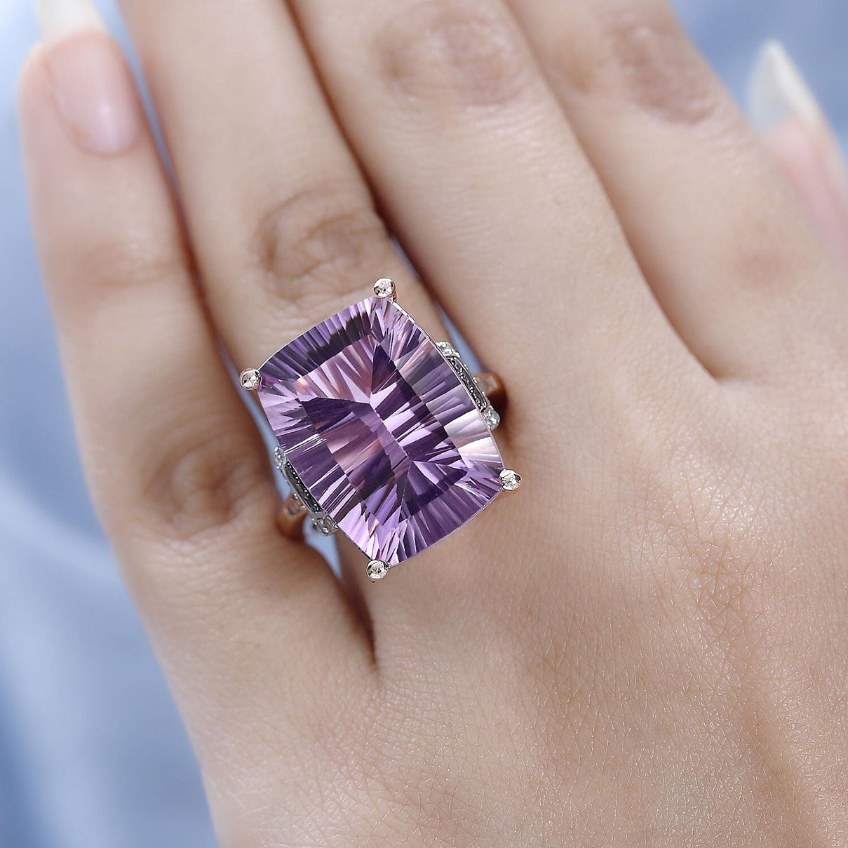 Rose De France Amethyst, Champagne Diamond, White Diamond Ring in 18K Vermeil Rose Gold Plated Sterling Silver 7572906 2