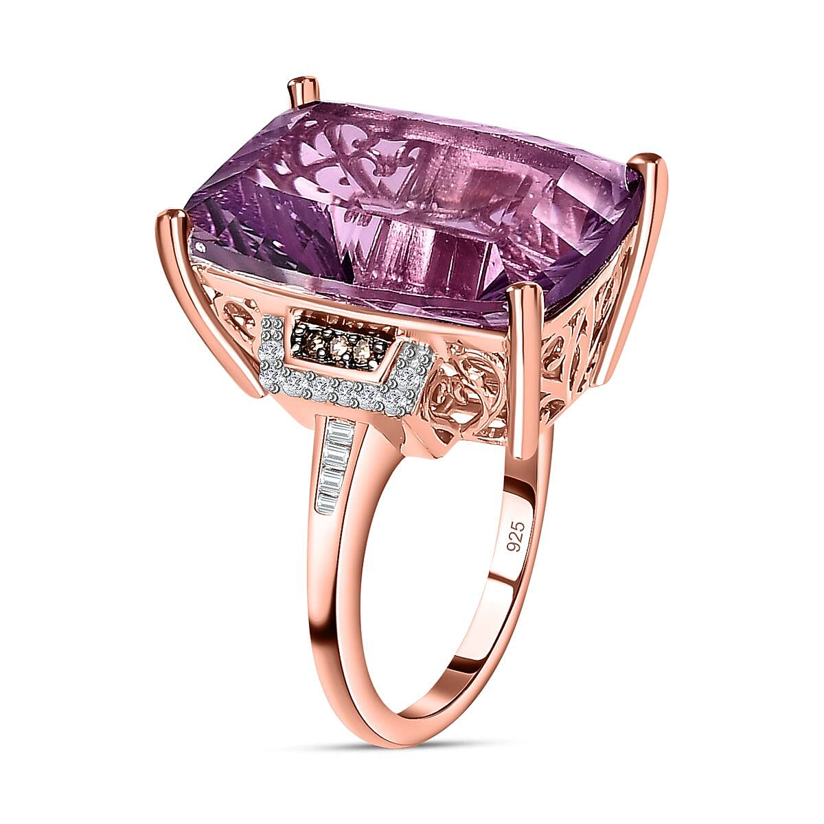 Rose De France Amethyst, Champagne Diamond, White Diamond Ring in 18K Vermeil Rose Gold Plated Sterling Silver 7572906 3