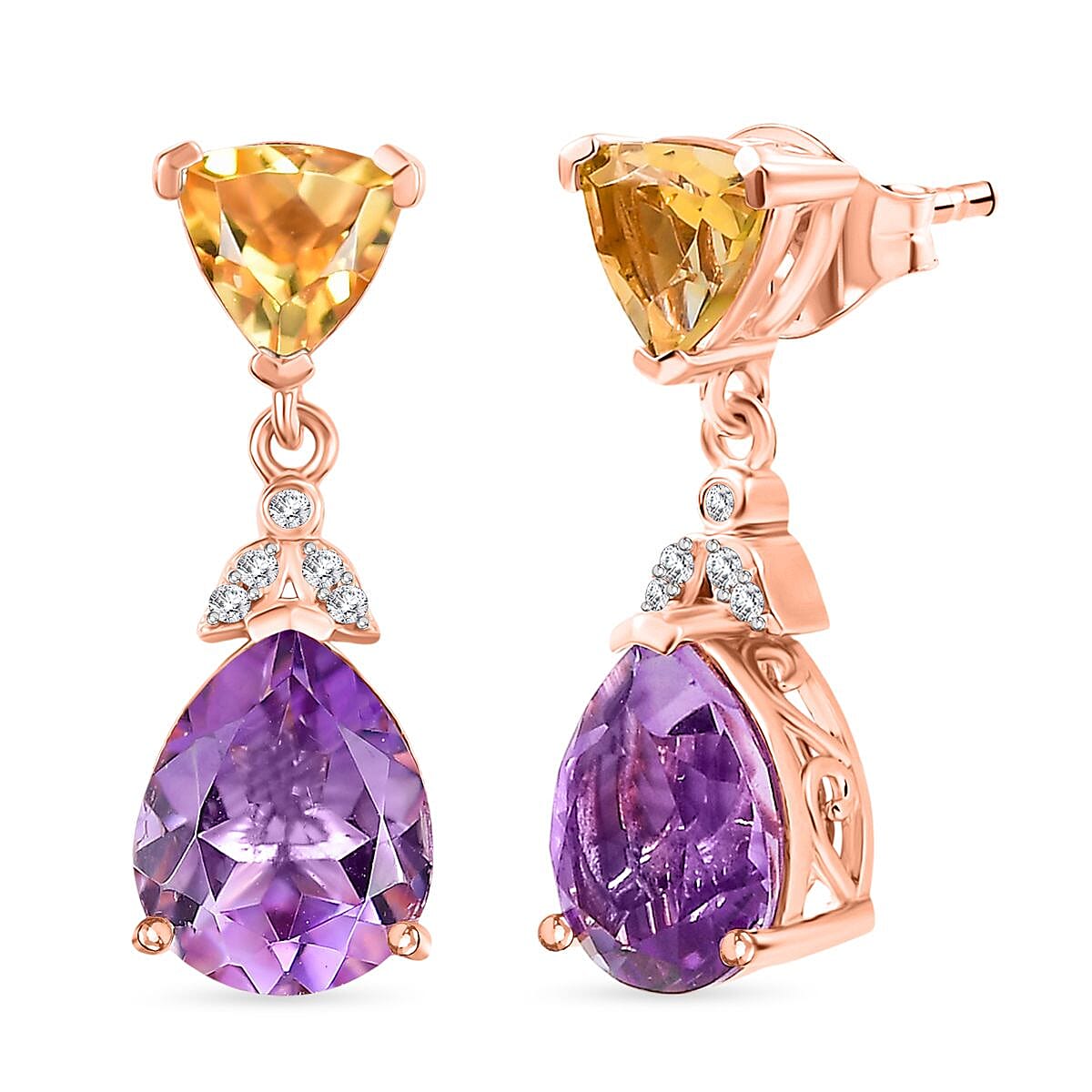 Rose De France Amethyst, Citrine &amp; White Zircon Stud Push Post Earring in 14K Rose Gold Plated Sterling Silver 5.71 Ct. 8194717 0