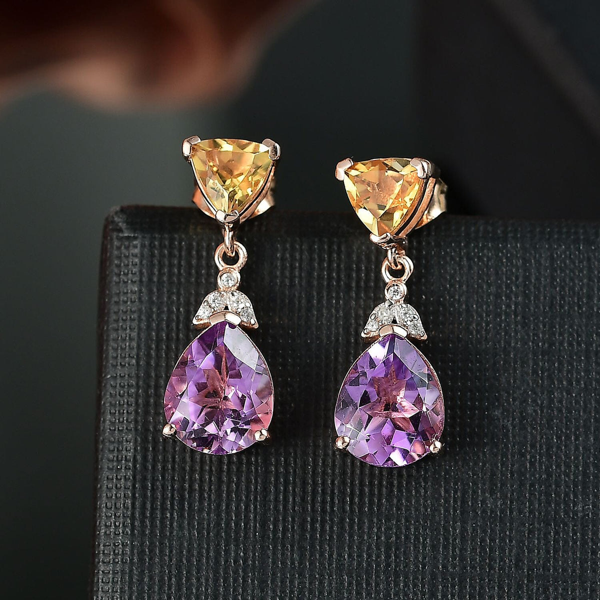 Rose De France Amethyst, Citrine &amp; White Zircon Stud Push Post Earring in 14K Rose Gold Plated Sterling Silver 5.71 Ct. 8194717 2