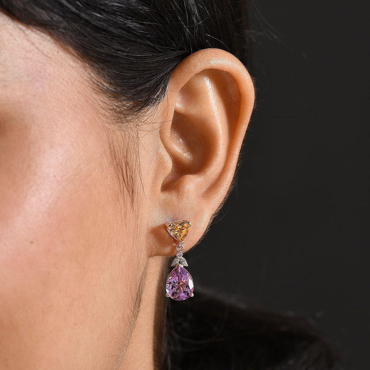 Rose De France Amethyst, Citrine &amp; White Zircon Stud Push Post Earring in 14K Rose Gold Plated Sterling Silver 5.71 Ct. 8194717 3