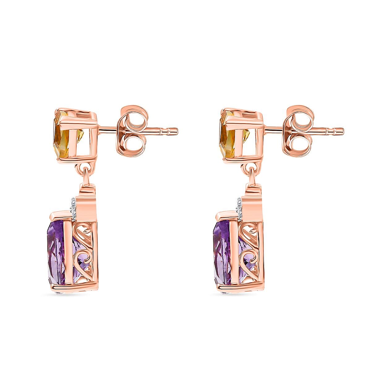 Rose De France Amethyst, Citrine &amp; White Zircon Stud Push Post Earring in 14K Rose Gold Plated Sterling Silver 5.71 Ct. 8194717 4