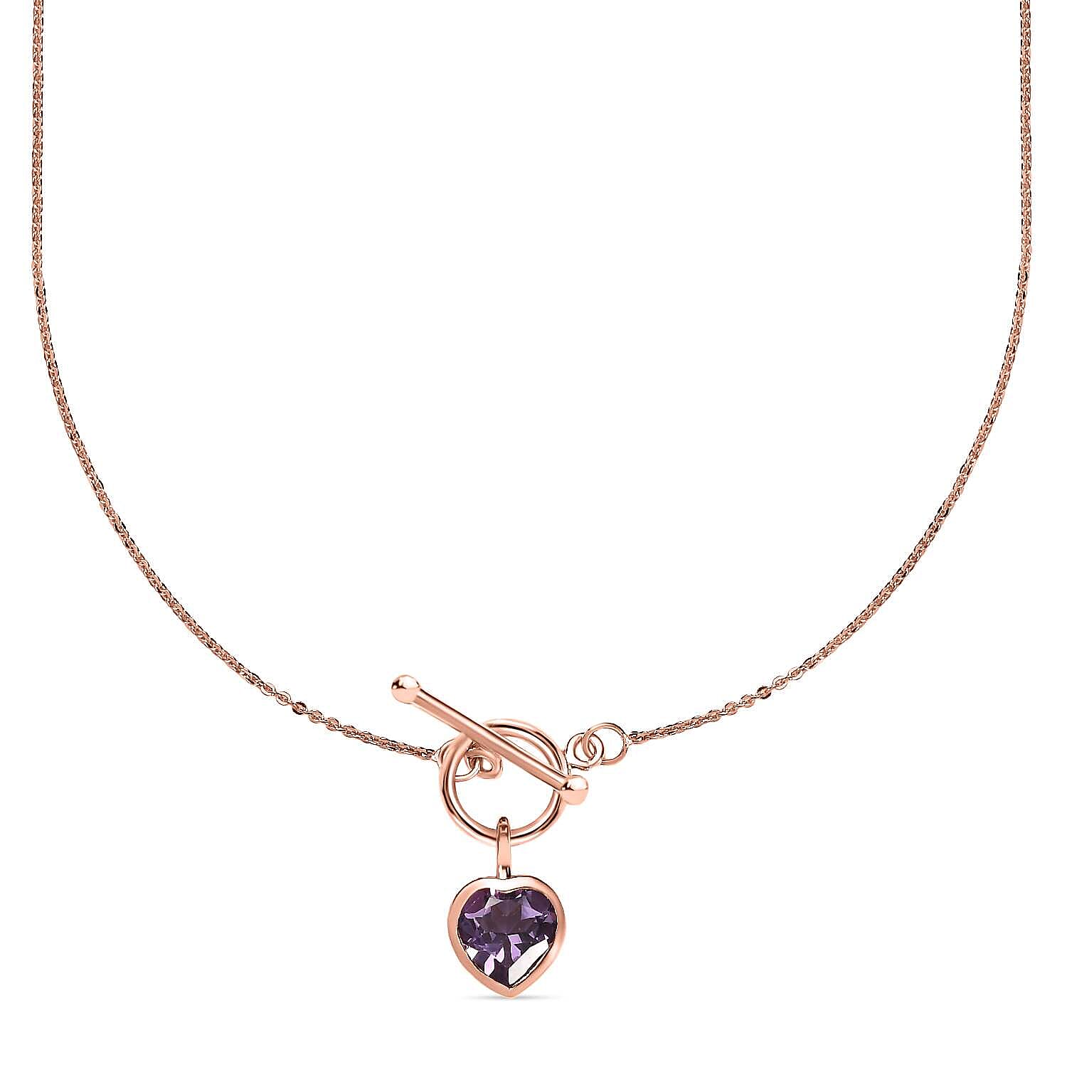 Rose De France Amethyst Heart Necklace (Size - 20) With T-Bar Clasp in 14K RG Overlay Sterling Silver 1.50 Ct 7548047 0