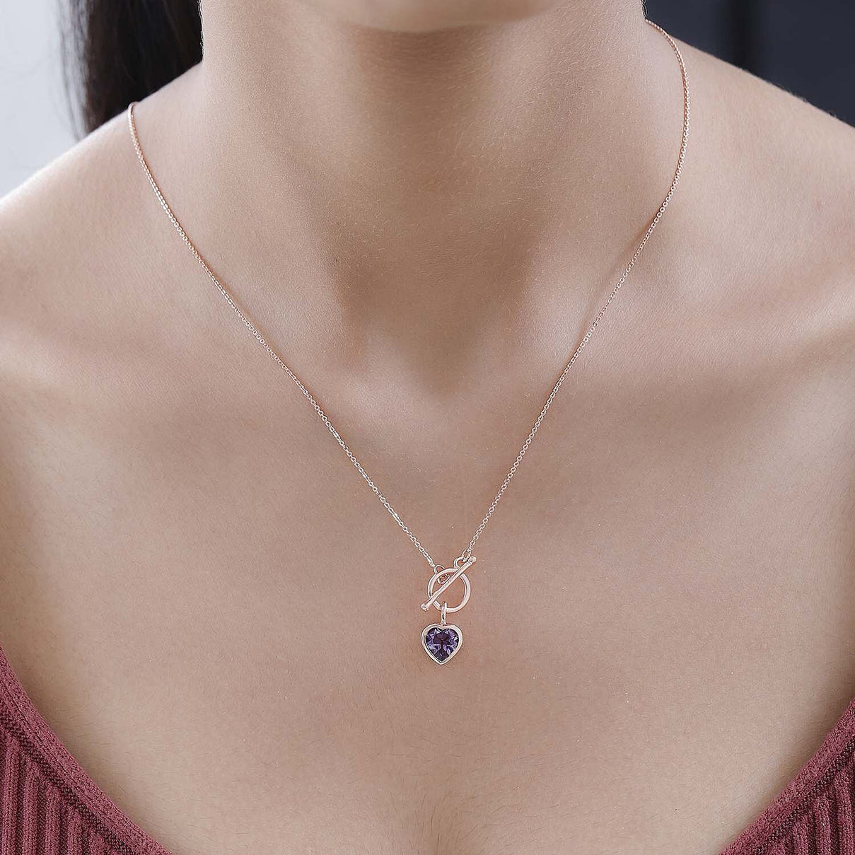 Rose De France Amethyst Heart Necklace (Size - 20) With T-Bar Clasp in 14K RG Overlay Sterling Silver 1.50 Ct 7548047 1