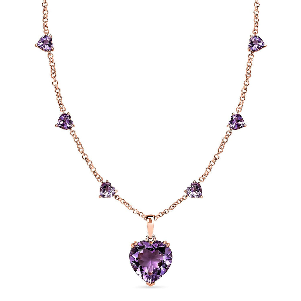 Rose De France Amethyst Heart Cluster Necklace (Size - 20) in 18K Vermeil Rose Gold Plated Sterling Silver 25.00 Ct, Silver Wt. 12.55 Gms.