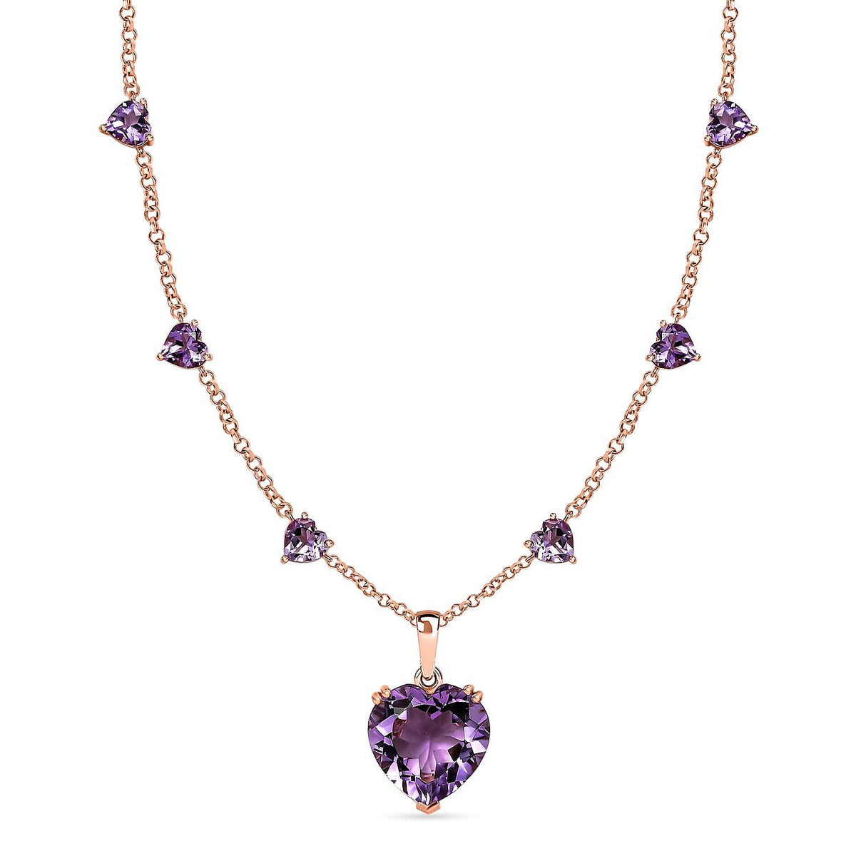 Rose De France Amethyst Heart Cluster Necklace (Size - 20) in 18K Vermeil Rose Gold Plated Sterling Silver 25.00 Ct, Silver Wt. 12.55 Gms. 8037621 0