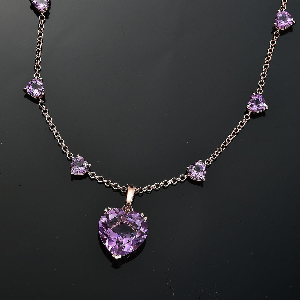 Rose De France Amethyst Heart Cluster Necklace (Size - 20) in 18K Vermeil Rose Gold Plated Sterling Silver 25.00 Ct, Silver Wt. 12.55 Gms. 8037621 1