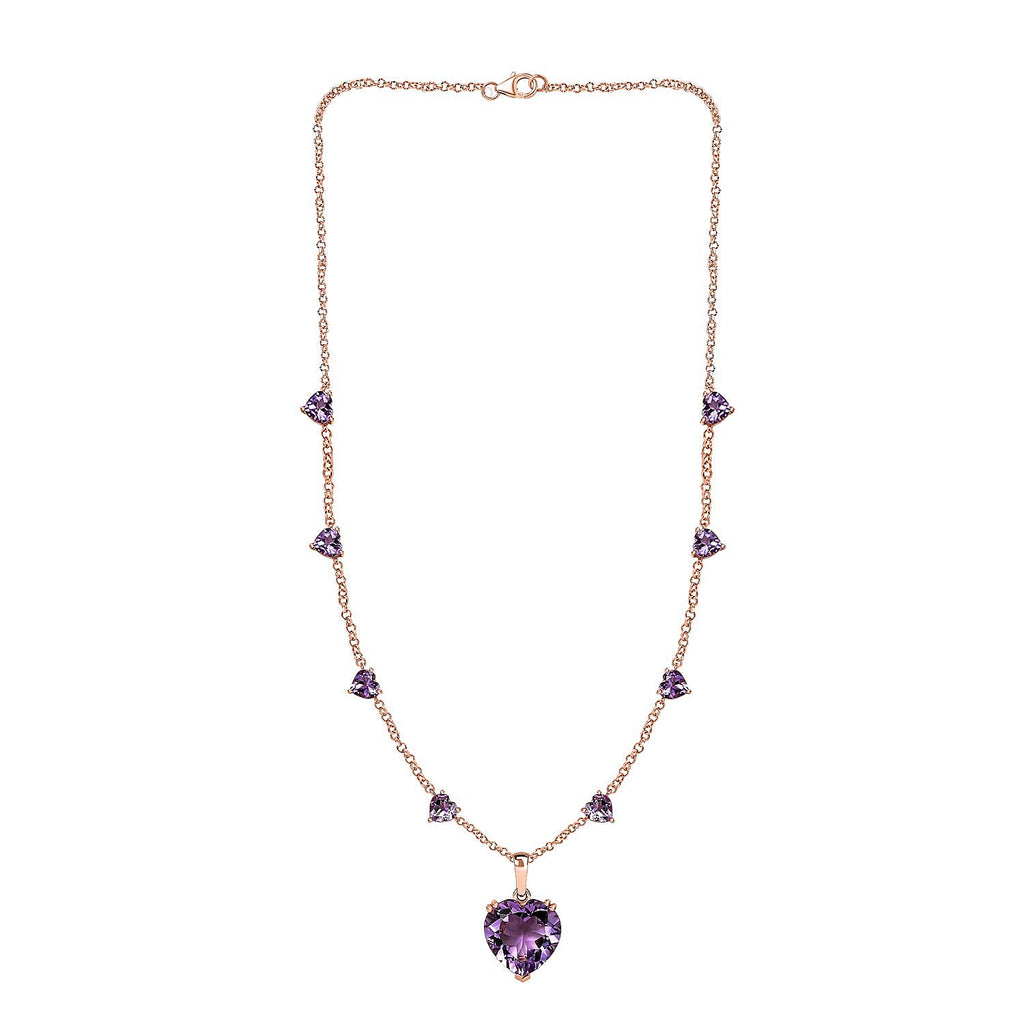 Rose De France Amethyst Heart Cluster Necklace (Size - 20) in 18K Vermeil Rose Gold Plated Sterling Silver 25.00 Ct, Silver Wt. 12.55 Gms.