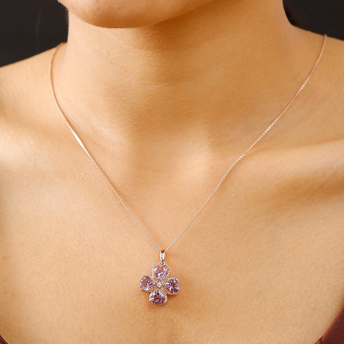 Rose De France Amethyst and Moissanite Heart Pendant with Chain (Size 20) in 18K Vermeil Rose Gold Plated Sterling Silver 4359276 1
