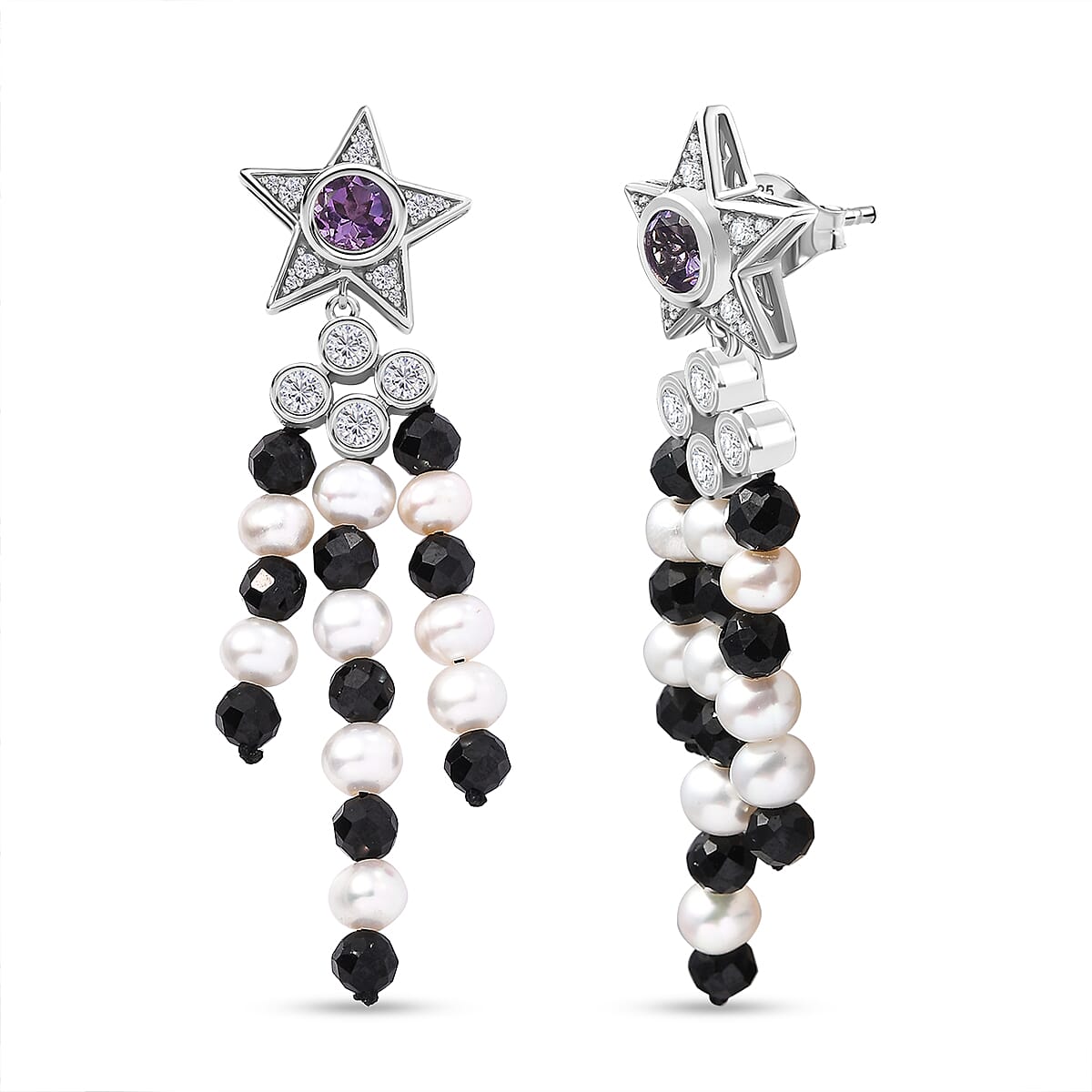 GP Celestial Collection - Starry Night Rose De France Amethyst, Pearl, Black Spinel and Zircon Earrings With Push Back in Rhodium Overlay Sterling Silver 7894050 0