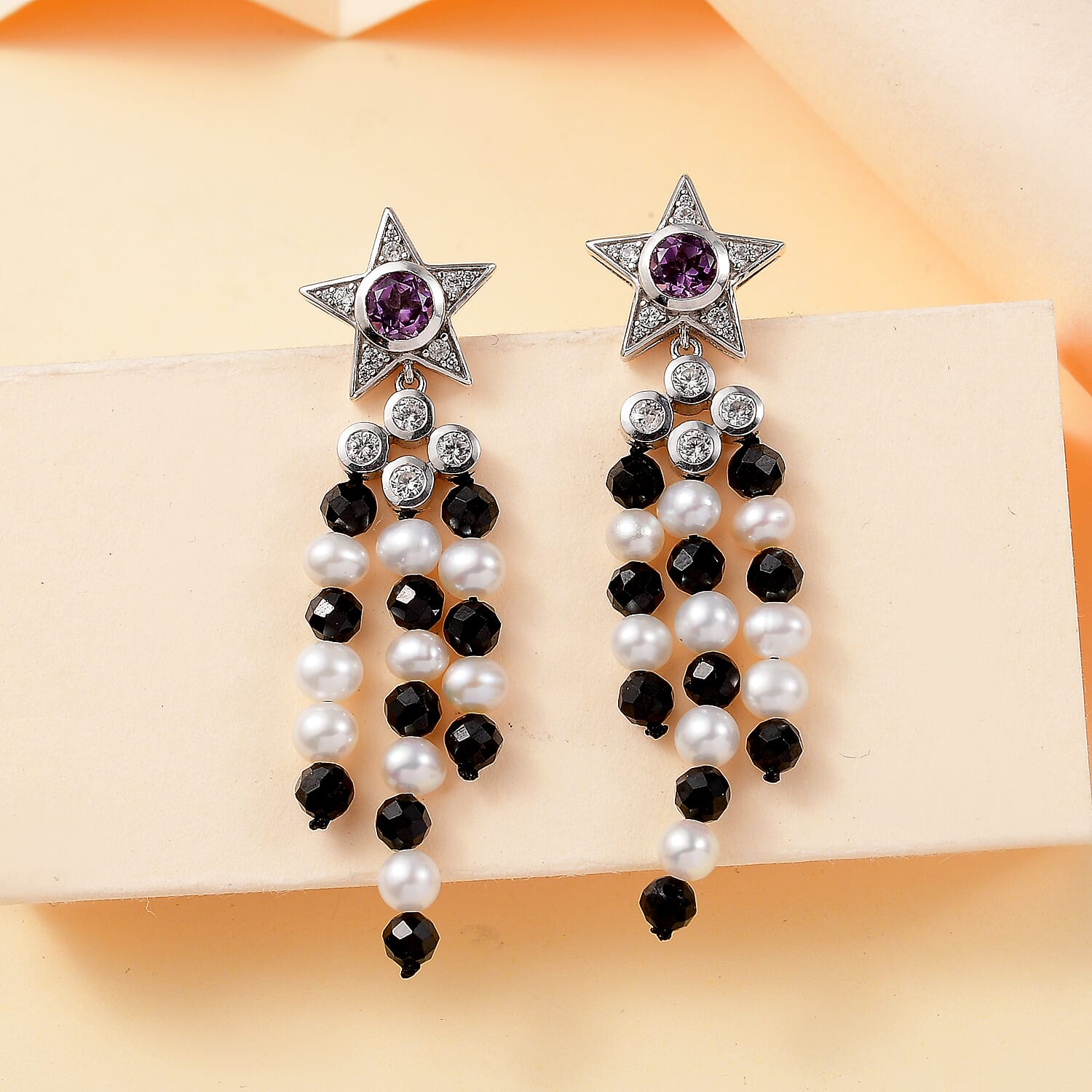 GP Celestial Collection - Starry Night Rose De France Amethyst, Pearl, Black Spinel and Zircon Earrings With Push Back in Rhodium Overlay Sterling Silver 7894050 2