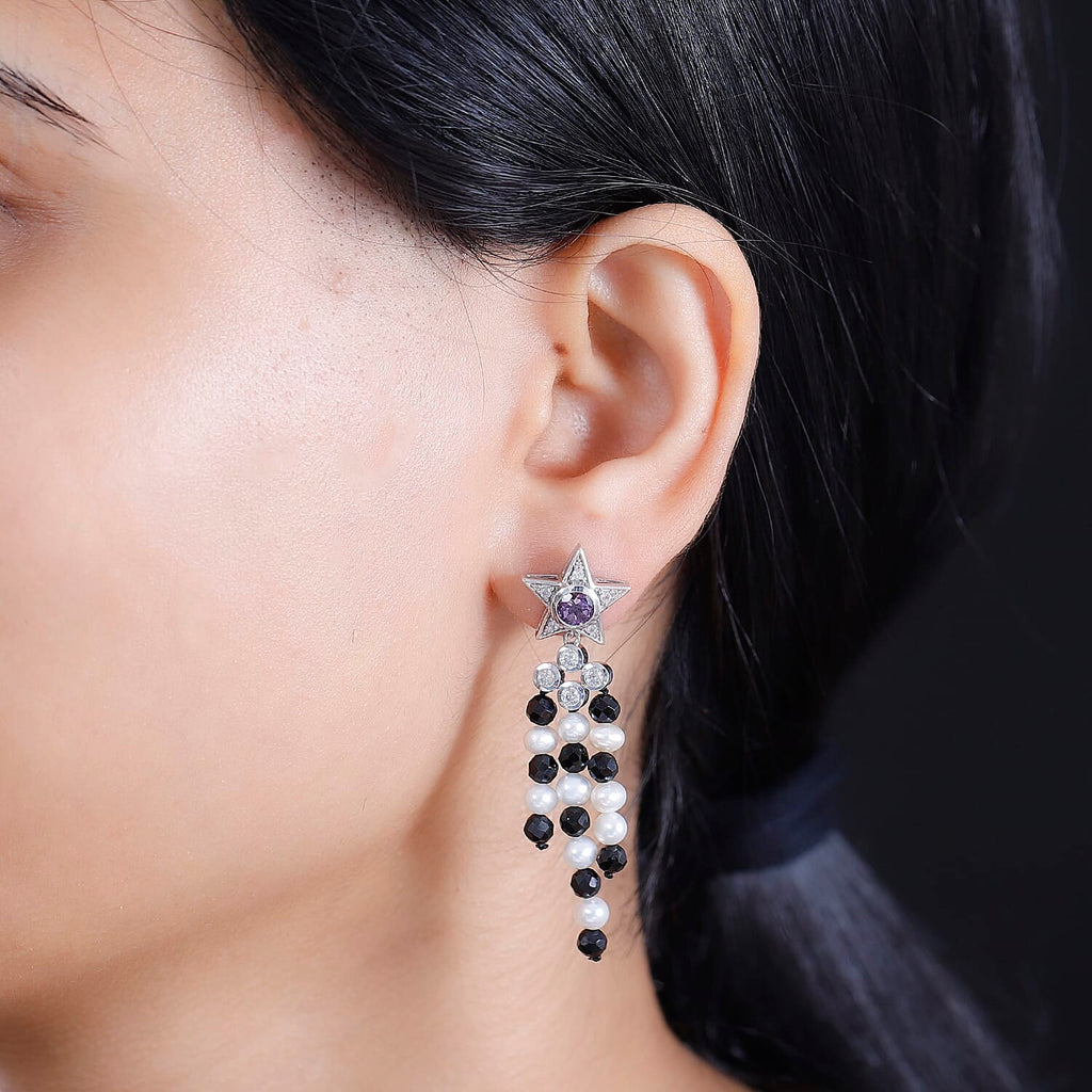 GP Celestial Collection - Starry Night Rose De France Amethyst, Pearl, Black Spinel & Zircon Earrings With Push Back in Rhodium Overlay Sterling Silver 21.81 Ct.