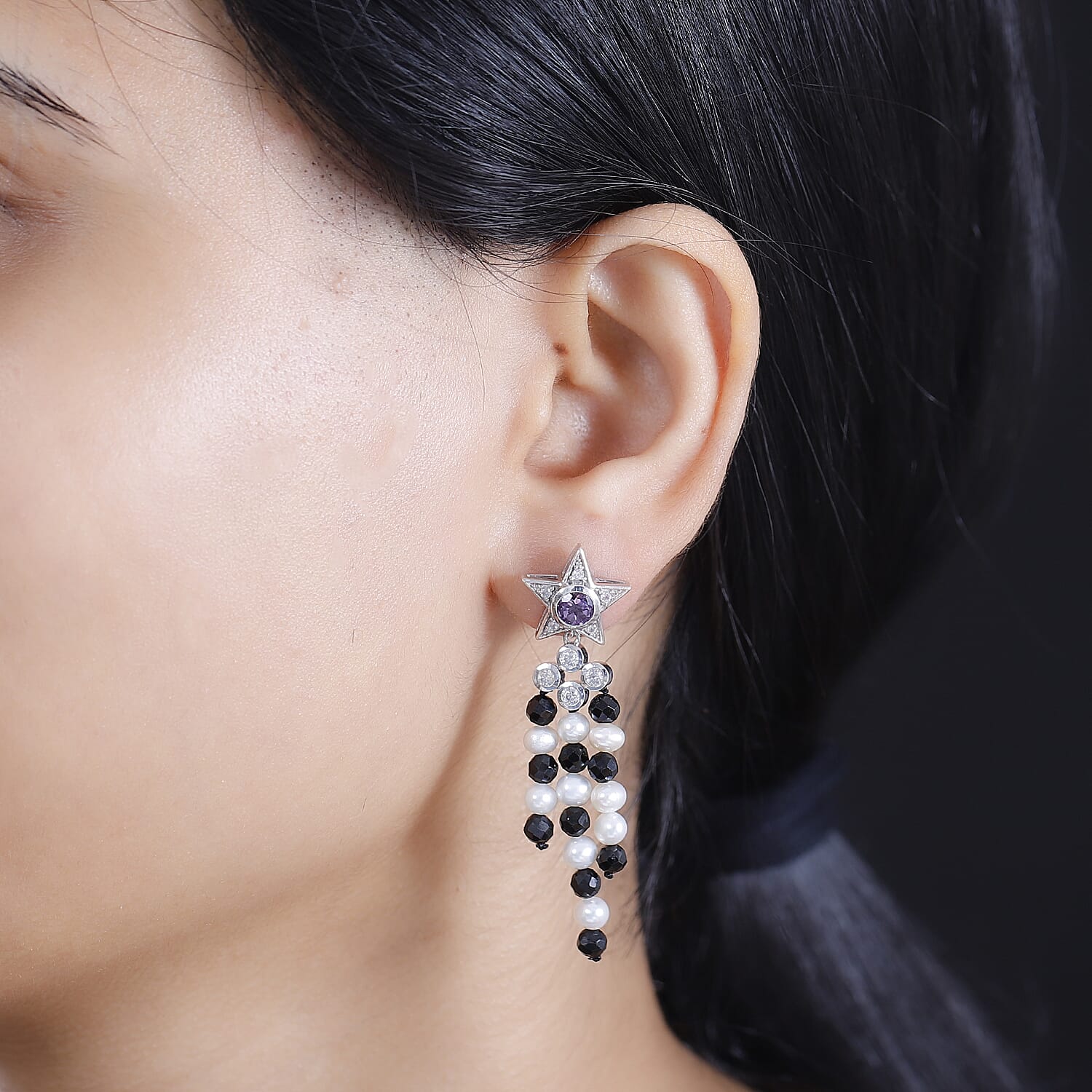 GP Celestial Collection - Starry Night Rose De France Amethyst, Pearl, Black Spinel and Zircon Earrings With Push Back in Rhodium Overlay Sterling Silver 7894050 3