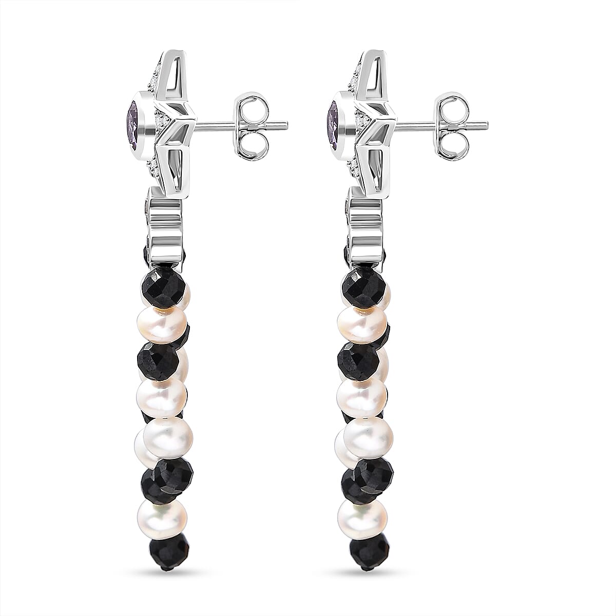 GP Celestial Collection - Starry Night Rose De France Amethyst, Pearl, Black Spinel and Zircon Earrings With Push Back in Rhodium Overlay Sterling Silver 7894050 4