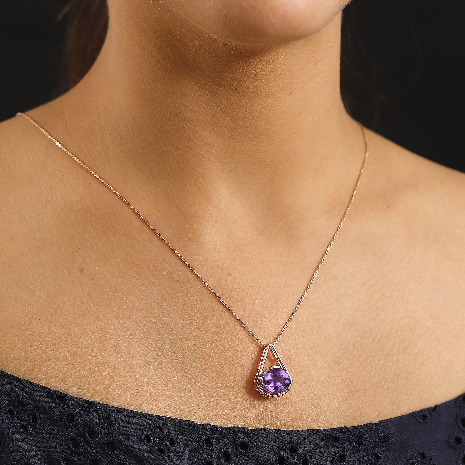 AAA Rose De France Amethyst Solitaire Pendant with Chain (Size - 20) in 18K Vermeil Rose Gold Plated Sterling Silver 5.50 Ct. 4339962 2