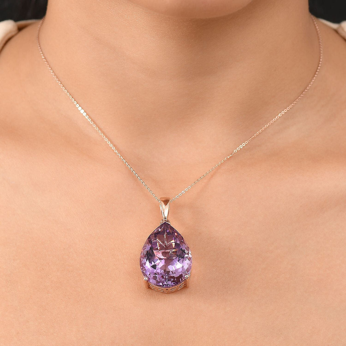 Rose De France Amethyst PearCut Solitaire Pendant with Chain (Size 20) in 18K Vermeil Rose Gold Plated Silver 35 Ct. 4403845 3