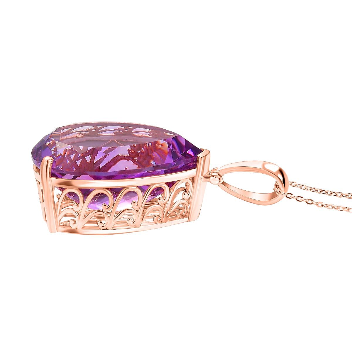 Rose De France Amethyst PearCut Solitaire Pendant with Chain (Size 20) in 18K Vermeil Rose Gold Plated Silver 35 Ct. 4403845 4