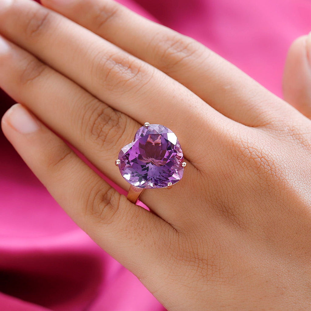 Ultimate Rose De France Amethyst Solitaire Ring 18K Rose Gold Vermeil Plated Sterling Silver 20.31 Ct,