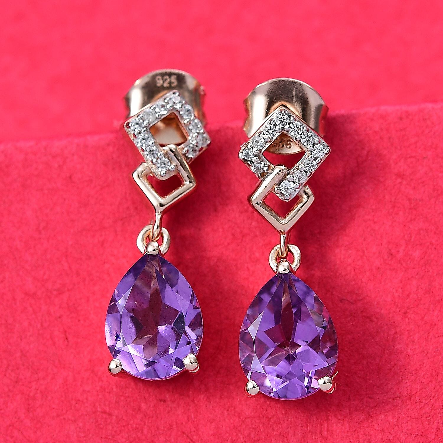 AAA Rose De France Amethyst and White Zircon Dangling Drop Earrings in 18K Vermeil Rose Gold Plated Sterling Silver 8037482 1