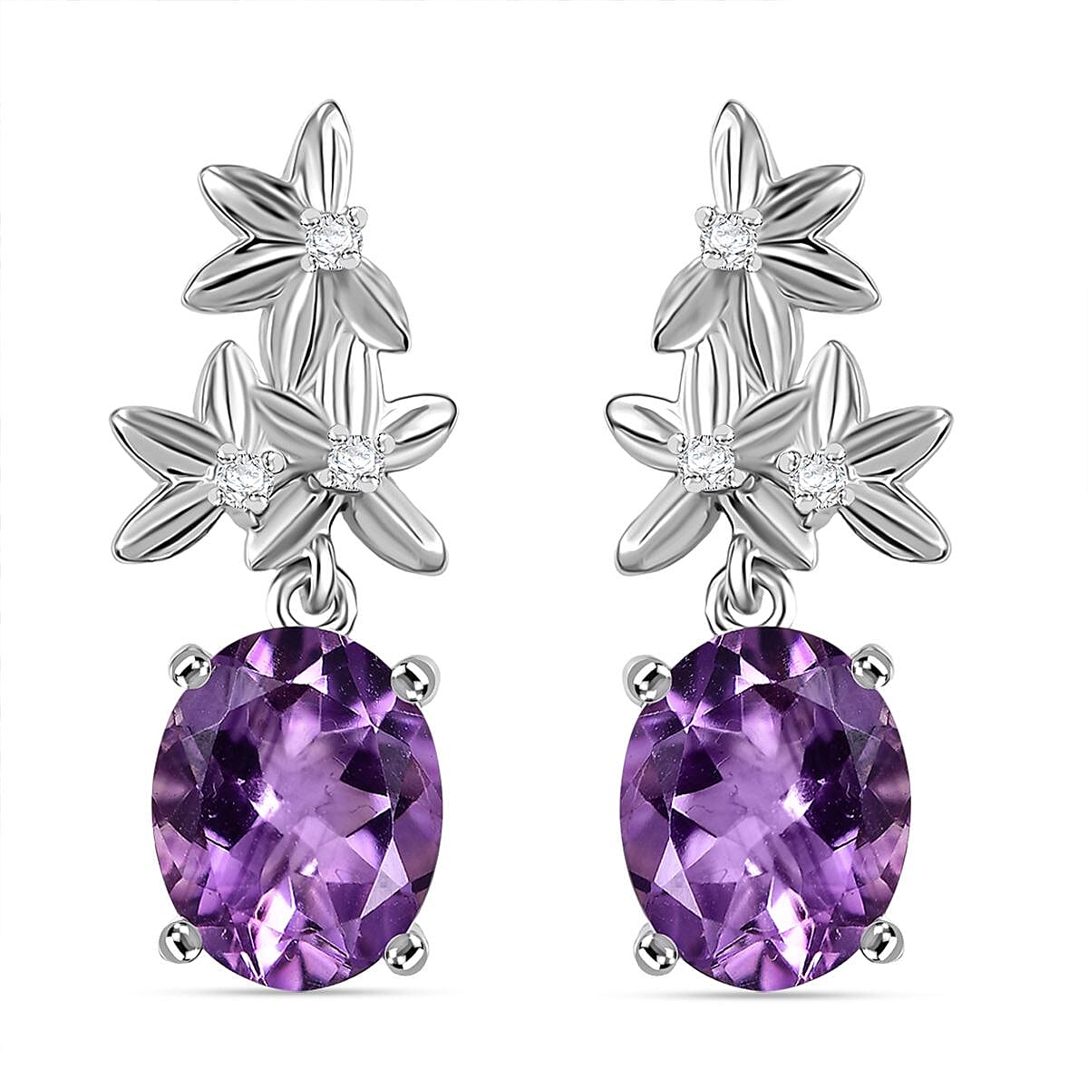 AAA Rose De France Amethyst and White Zircon Floral Dangling Earrings in Rhodium Overlay Sterling Silver 8037473 0