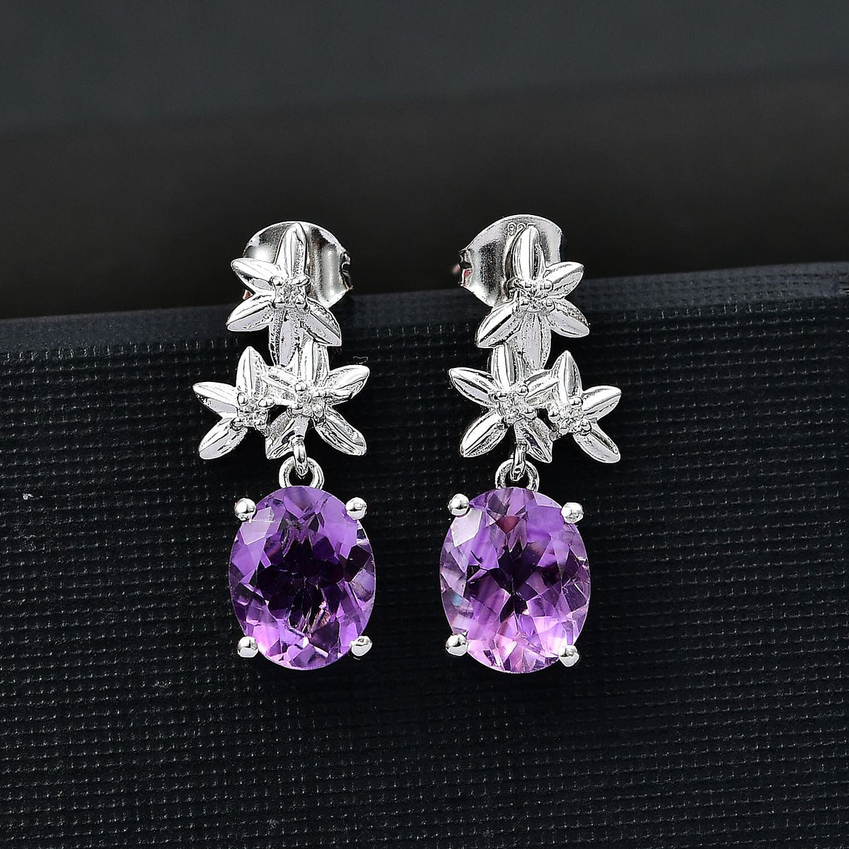 AAA Rose De France Amethyst and White Zircon Floral Dangling Earrings in Rhodium Overlay Sterling Silver 8037473 2