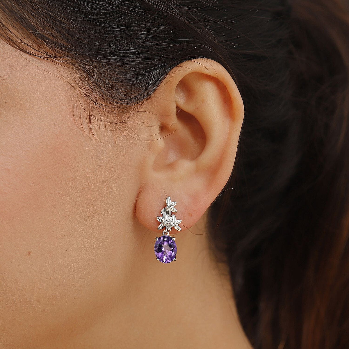 AAA Rose De France Amethyst and White Zircon Floral Dangling Earrings in Rhodium Overlay Sterling Silver 8037473 3
