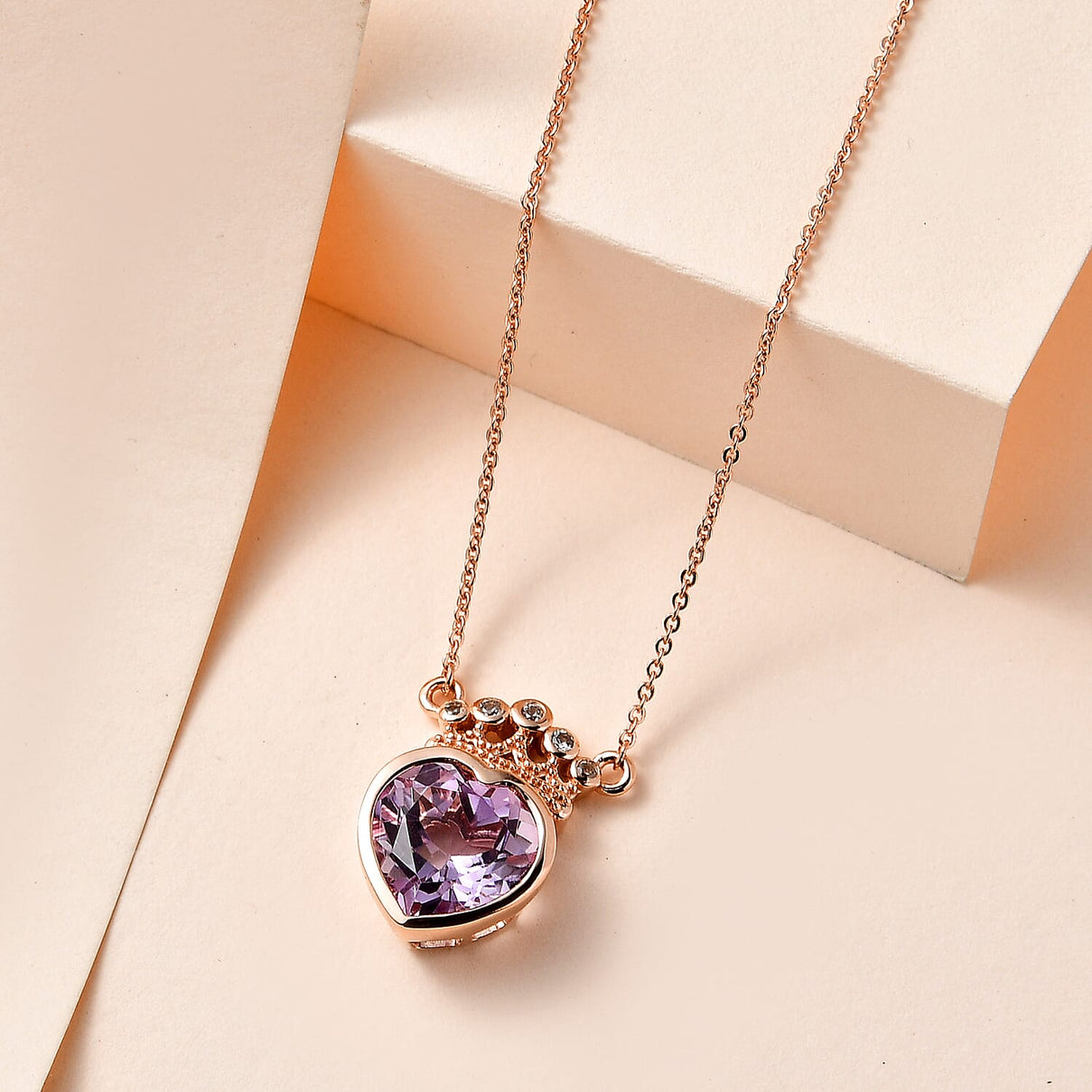 Ultimate Rose De France Amethyst and Natural Zircon Heart Necklace (Size - 20) in 18K Vermeil Rose Gold Plated Sterling Silver 3.21 Ct. 7571641 3