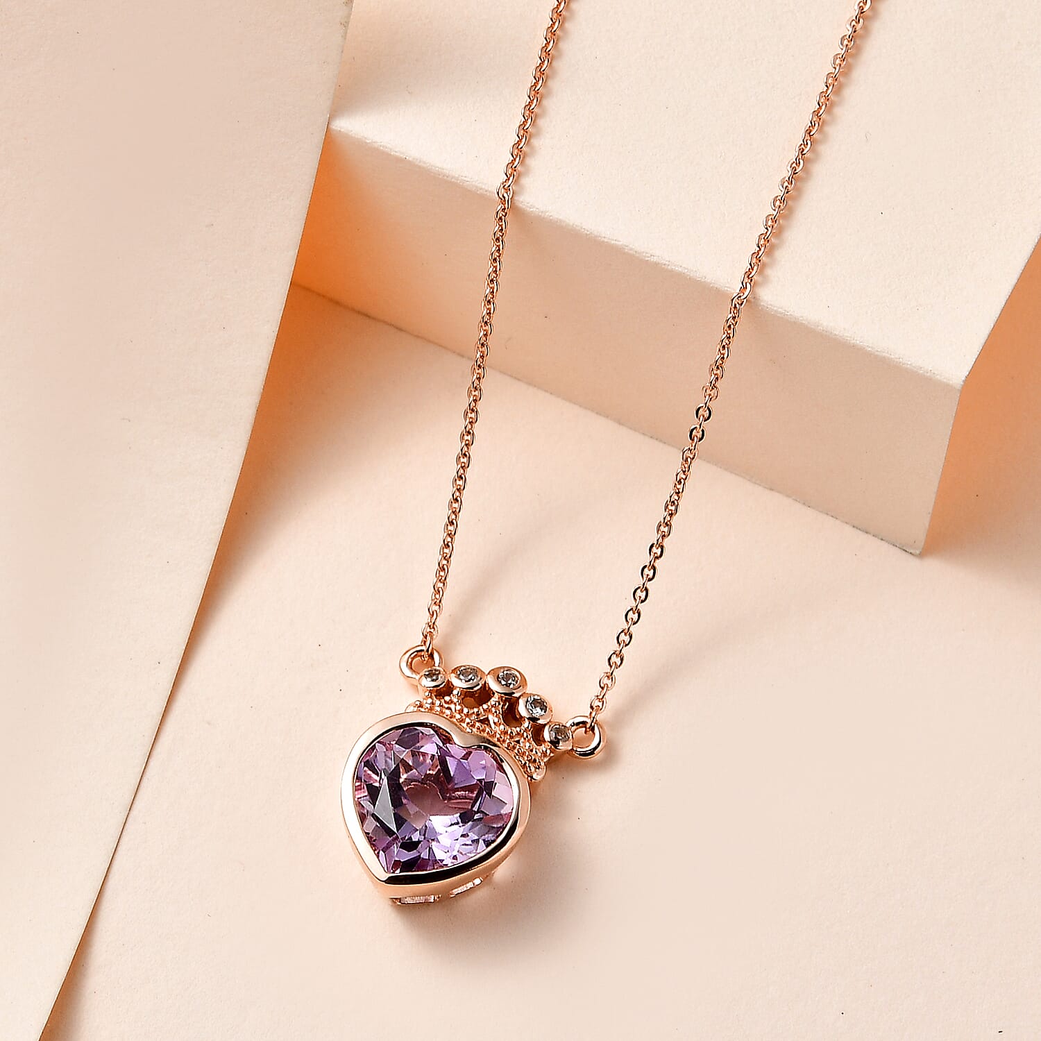 Ultimate Rose De France Amethyst and Natural Zircon Heart Necklace (Size - 20) in 18K Vermeil Rose Gold Plated Sterling Silver 3.21 Ct. 7571641 3