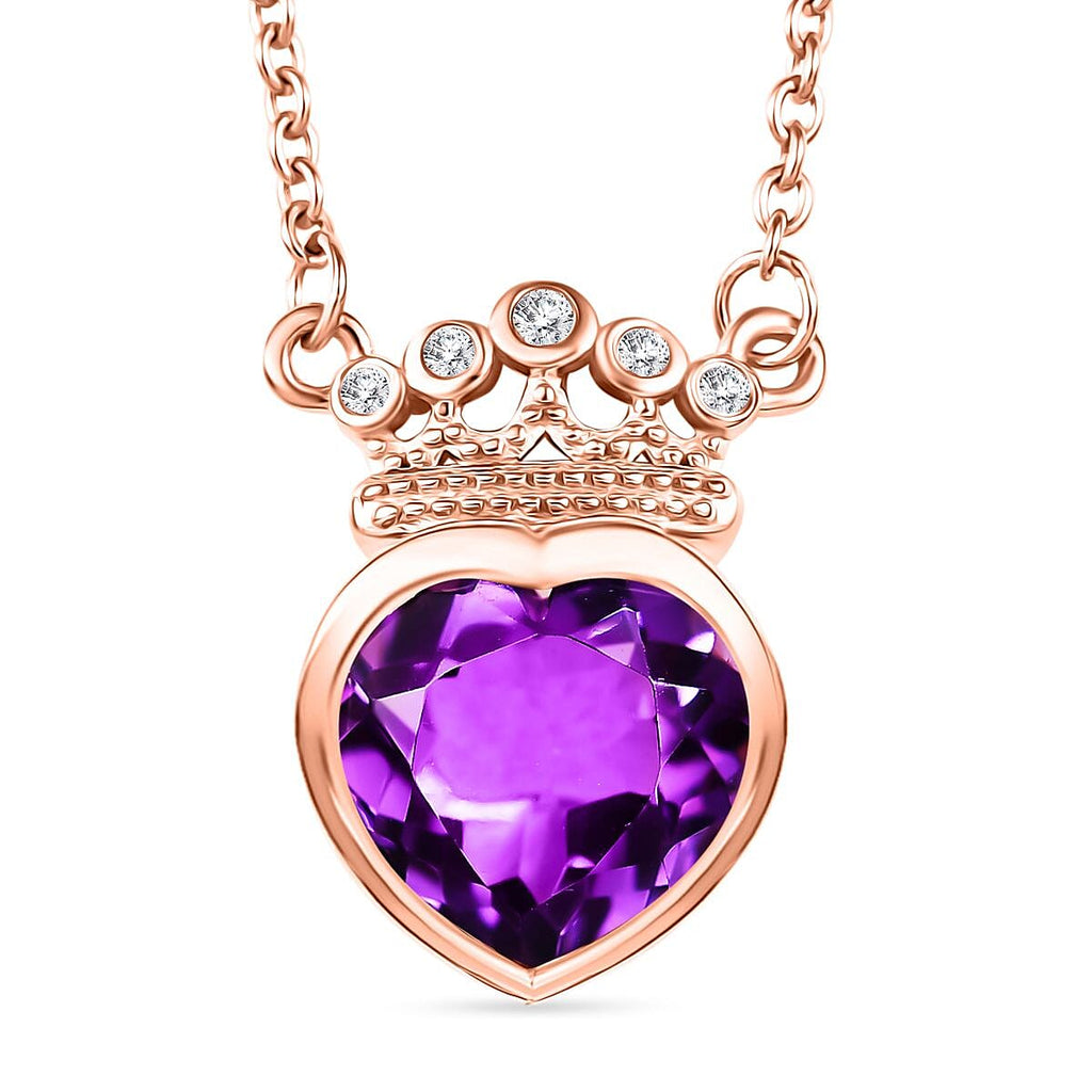 AAA Rose De France Amethyst & White Zircon Necklace (Size - 20) in 18K Vermeil Rose Gold Plated Sterling Silver 3.15 Ct.