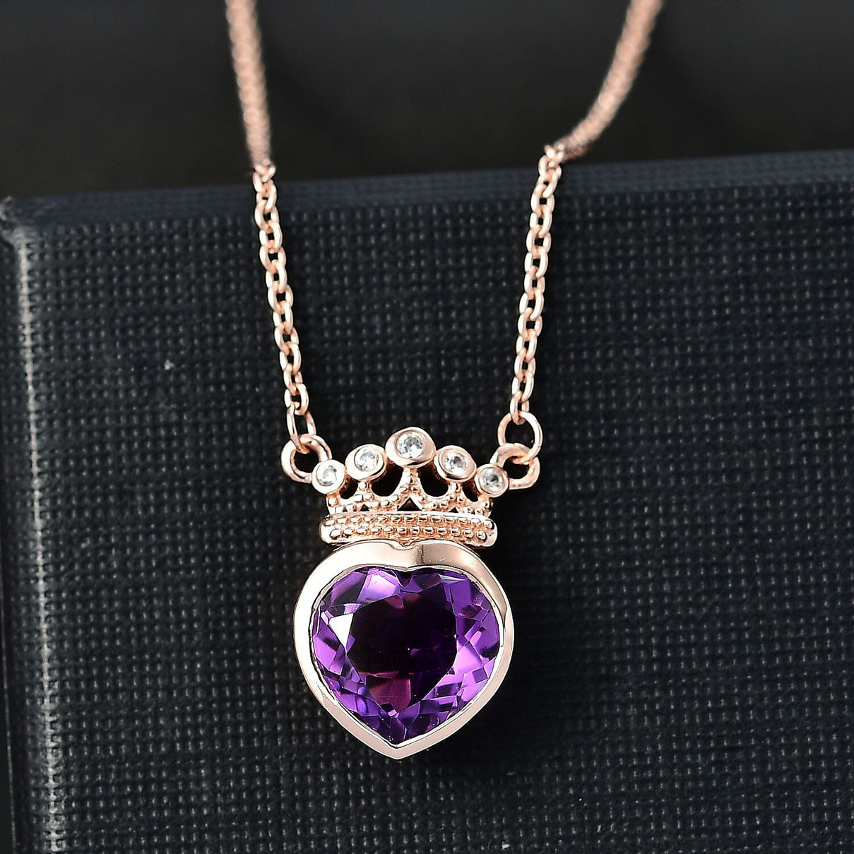 AAA Rose De France Amethyst and White Zircon Crown Necklace (Size - 20) in 18K Vermeil Rose Gold Plated Sterling Silver 8037515 1